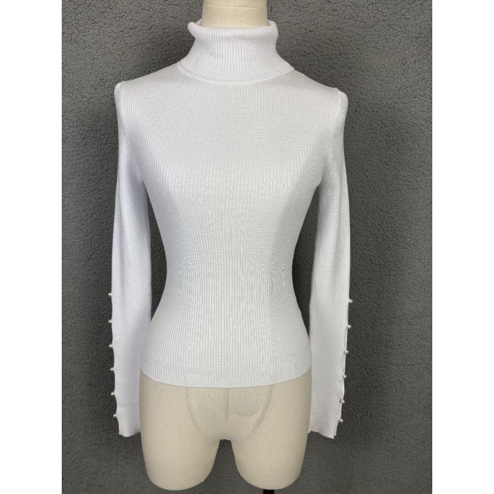 Hooked up by Iot Juniors' Turtleneck Sweater faux pearl trims White XS NWT's